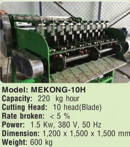 Automatic cashew shelling machine MEKONG-10H is automatic cashew shelling machine with 10 blade cutting with capacity 200-250 kg/hour